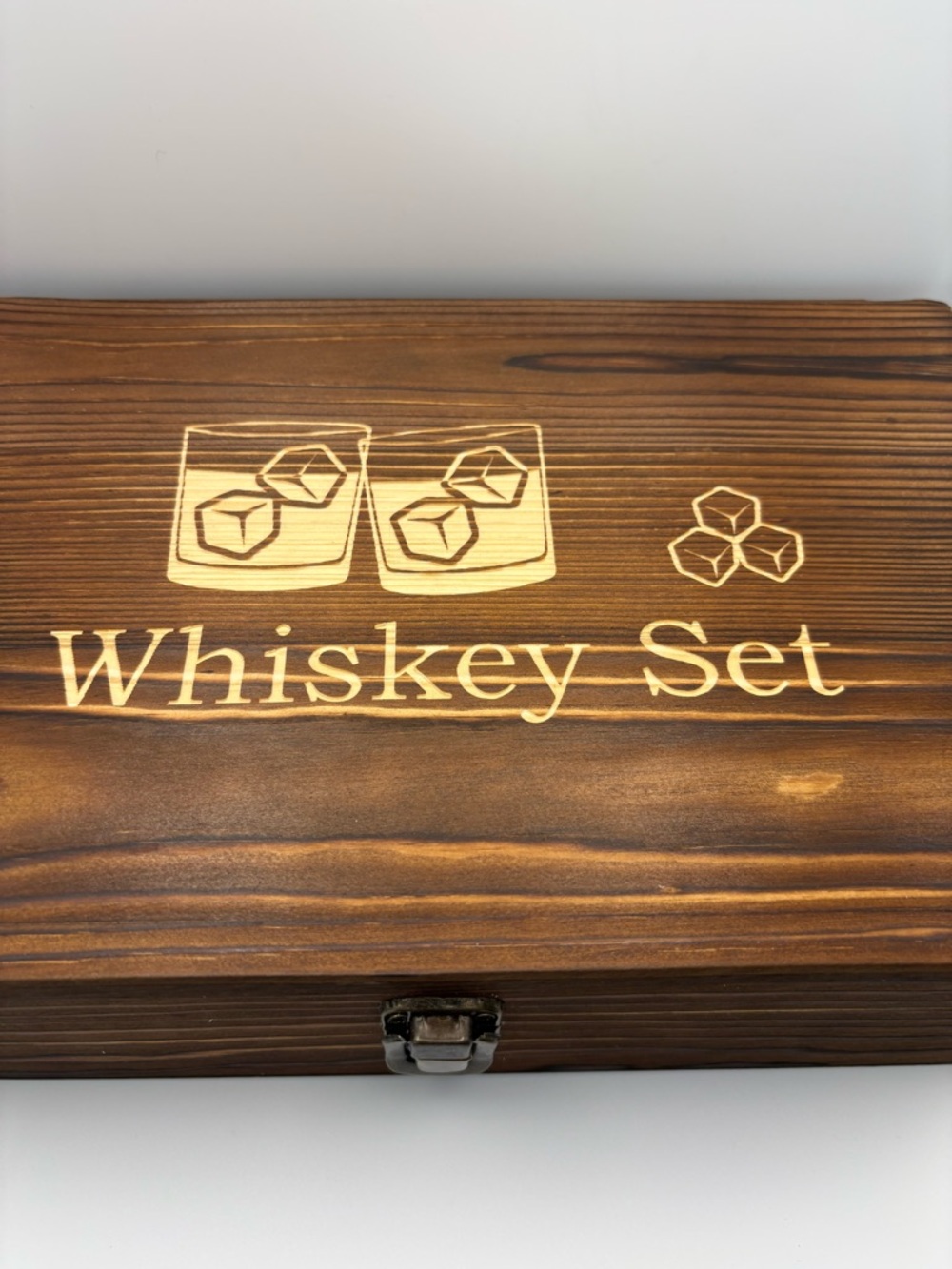 Whiskey Set Wooden Gift Box - Brown with Gold Tone Engraving